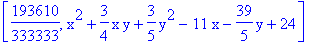 [193610/333333, x^2+3/4*x*y+3/5*y^2-11*x-39/5*y+24]
